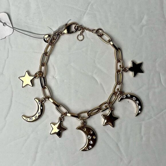 J. Crew Gold Tone Celestial Moon & Star Charmed Bracelet (Missing Rhinestones) - Picture 2 of 7
